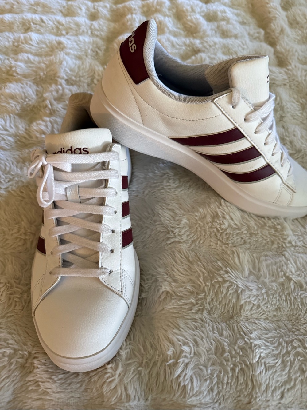 adidas Women’s White Sneakers with Burgundy Stripes